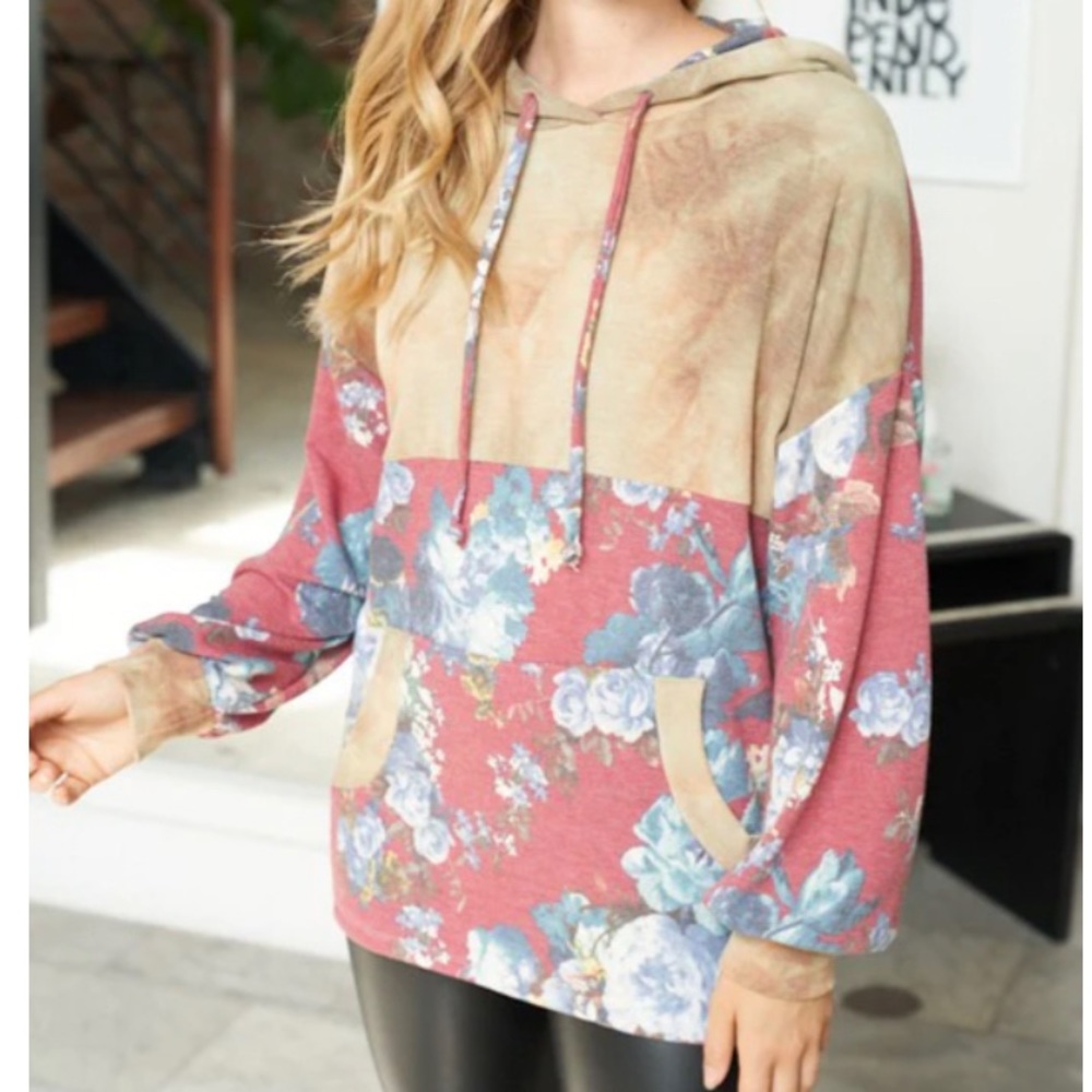 NEW! Women’s Boutique “Secret Garden” Rust Body Tie Dye & Floral Print Hoodie M - Picture 1 of 8